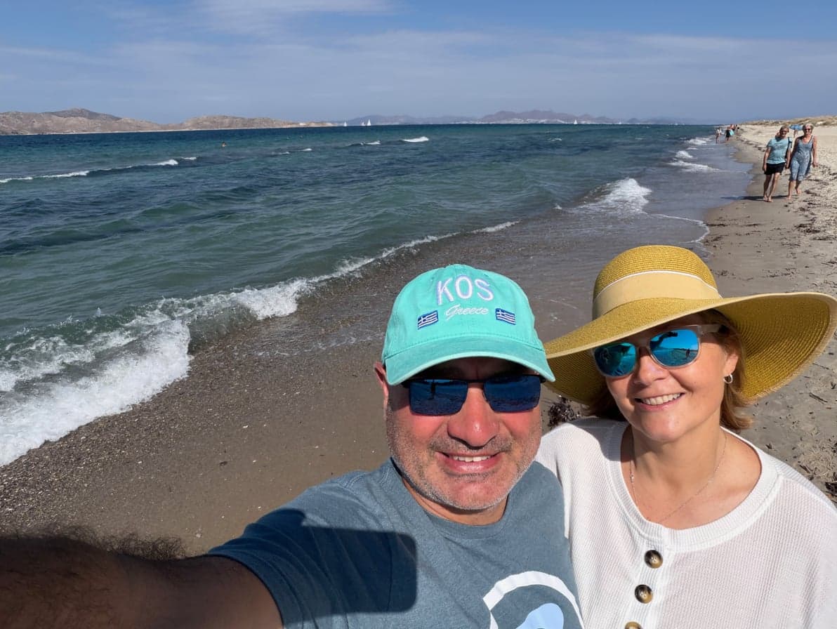 Kelly and Baskin posing in Tigaki beach, Kos, Greece