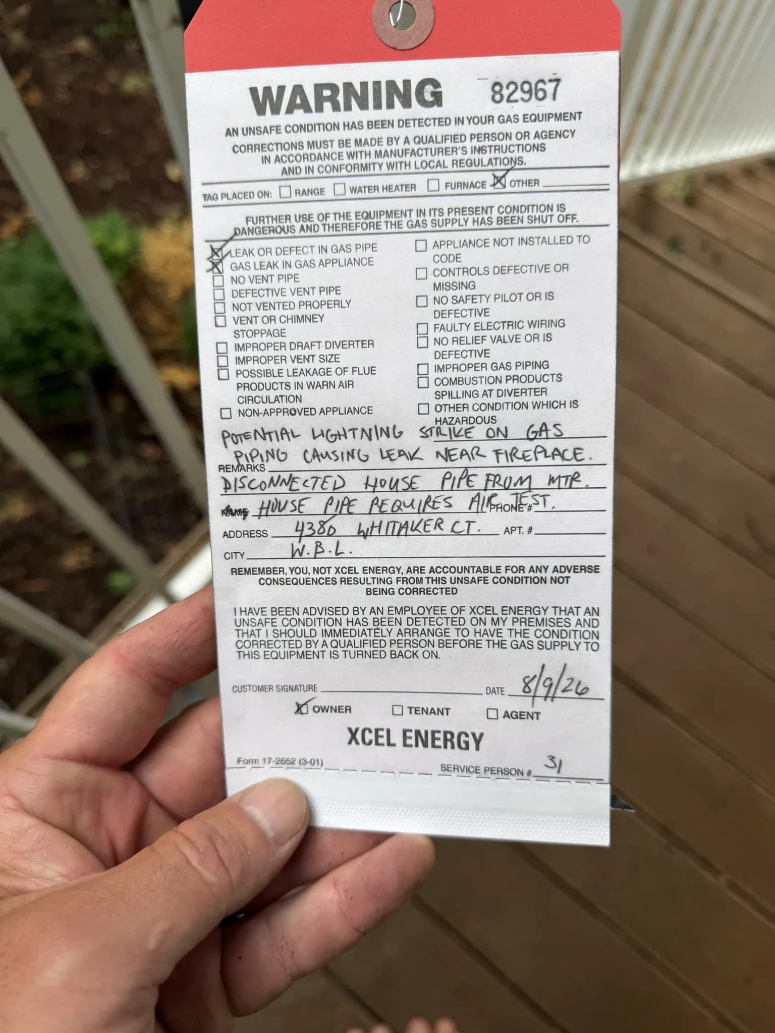 Aug 9, 09:33 Xcel Energy Tag on the pipe