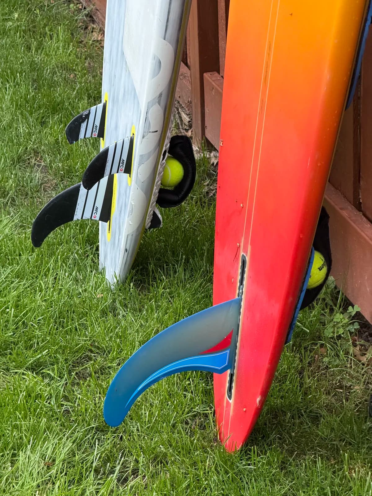 The fins, one of the thruster fins got chewed up, but still functional, the also upgraded the stock fin on the glassboard